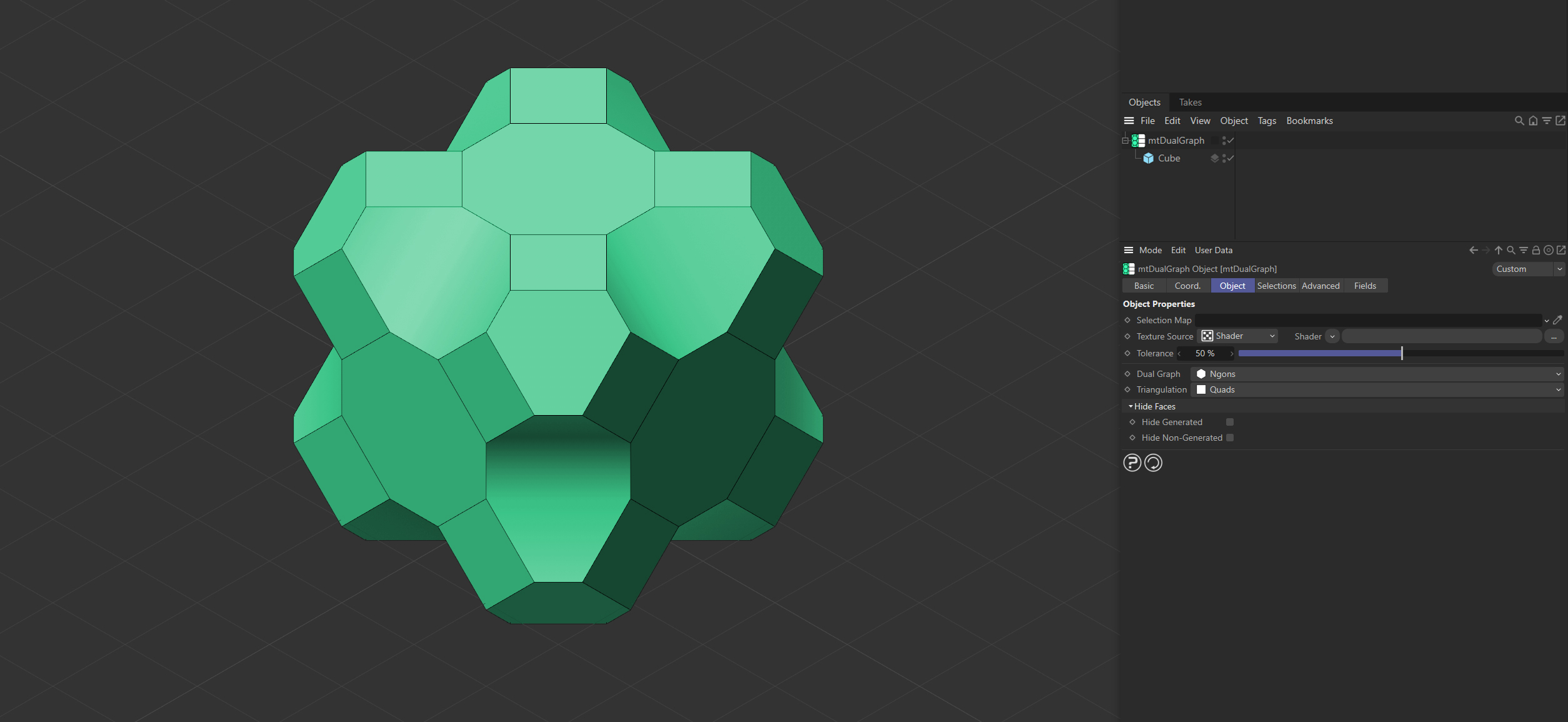 mtDualGraph generates new topology from its child object - in this example a Cube primitive.