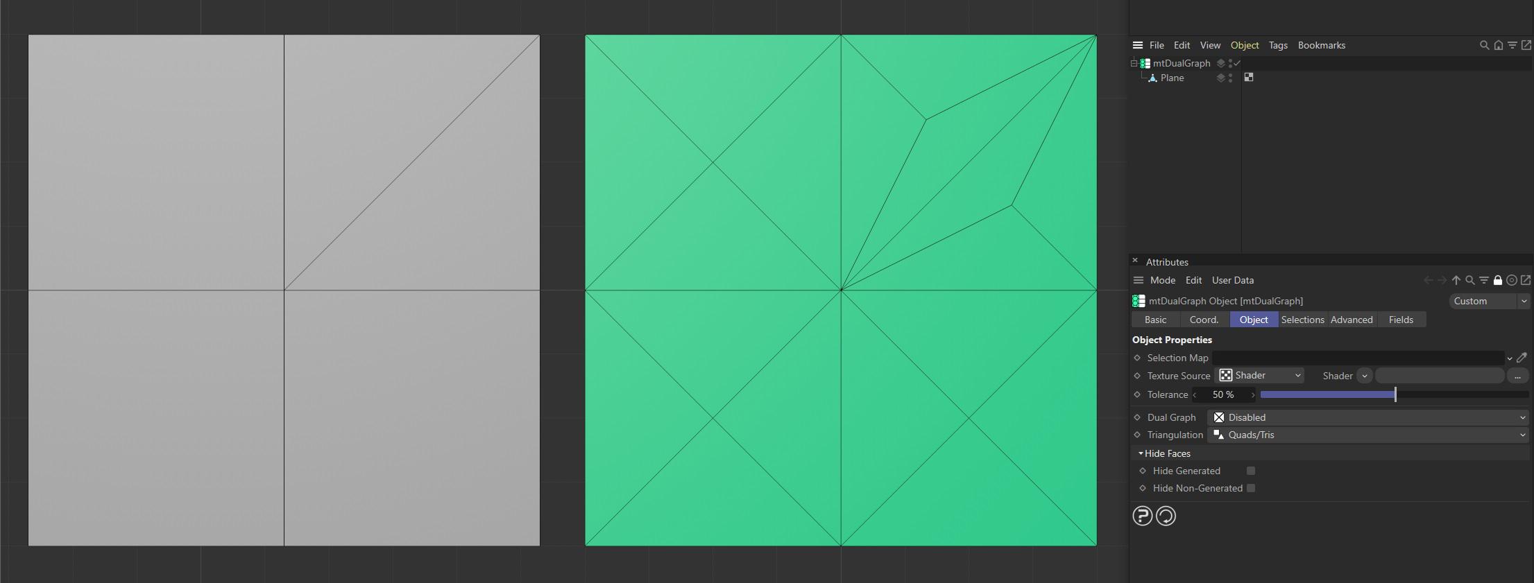 >With Triangulation set to Quads/Tris, mtDualGraph is processing both three and four-sided polygons.