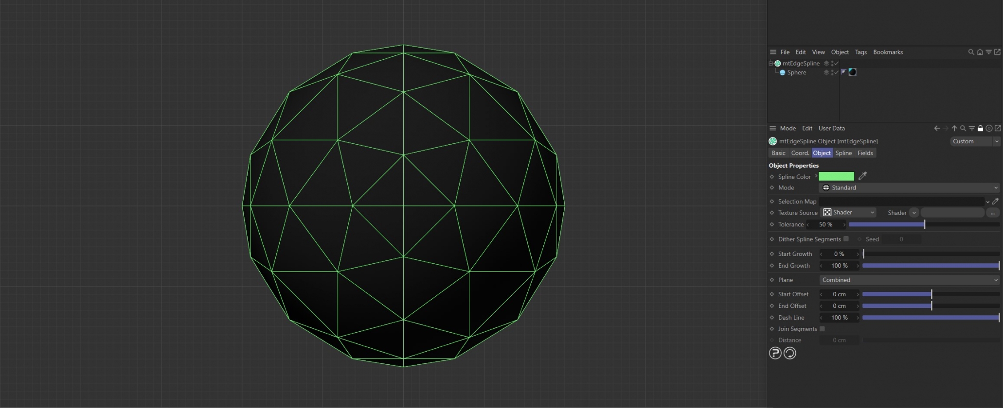 The mtEdgeSpline Mode is set to Standard for this Sphere. All of the original base mesh edges are being used to generate the spline.