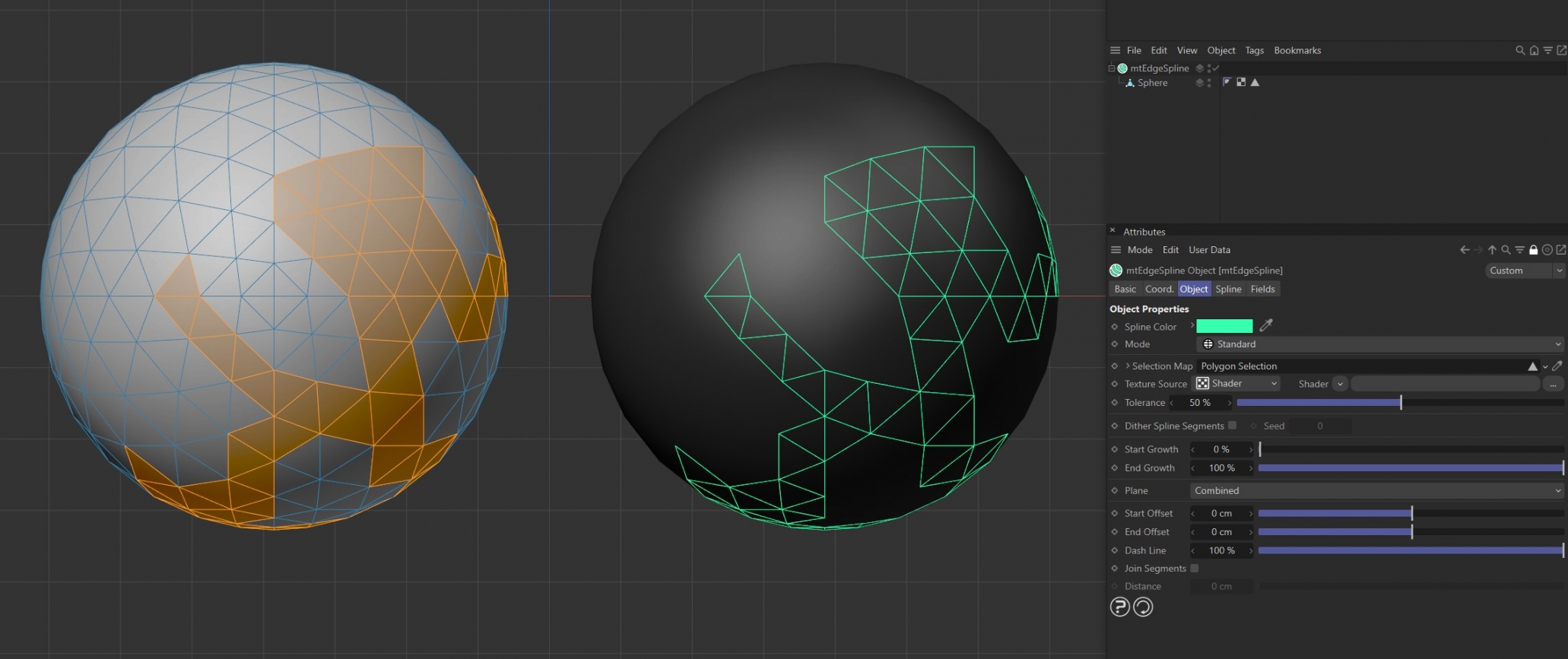 The Sphere on the left has a polygon selection tag, which is displayed in the viewport. An identical Sphere is on the right, as a child of a mtEdgeSpline, driving the generated edge spline.