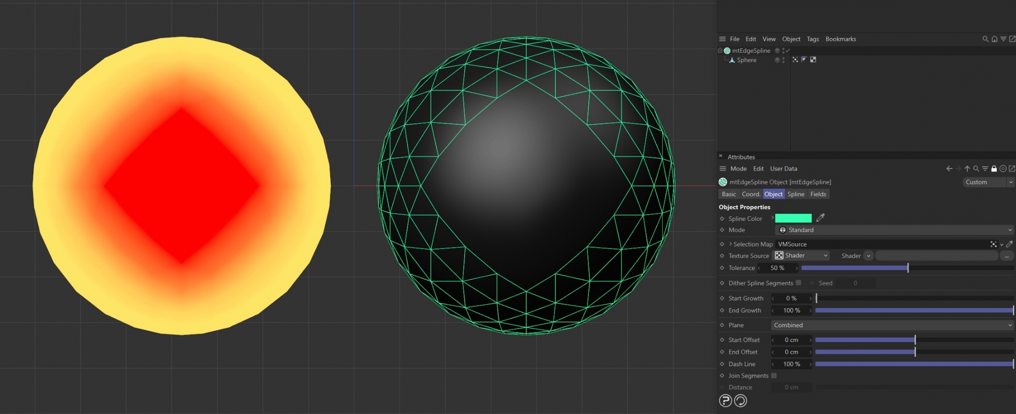 The Sphere on the left has a vertex map, which is displayed in the viewport. An identical Sphere is on the right, as a child of a mtEdgeSpline. The vertex weights are driving the generated spline setting.