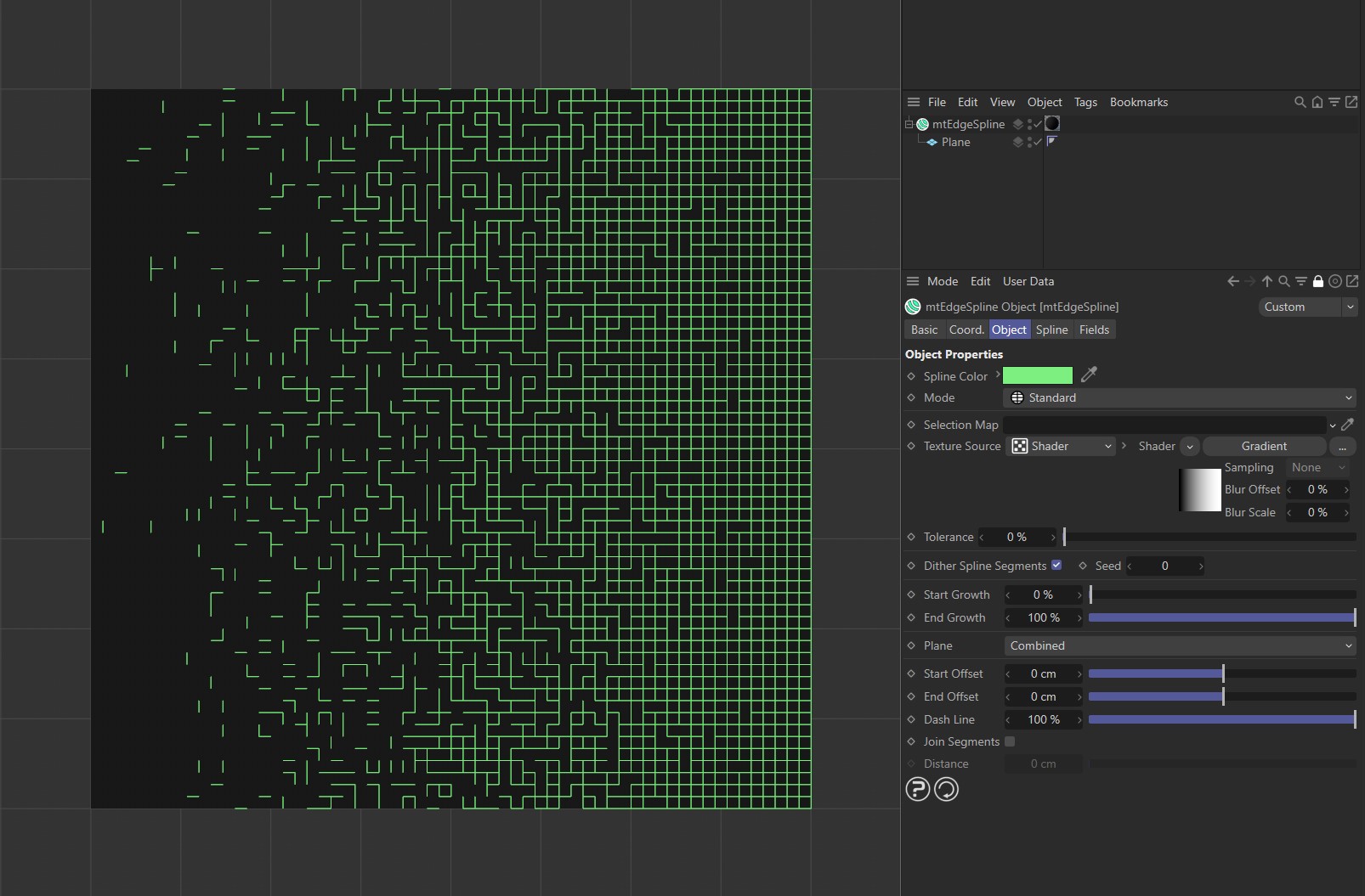 Dither Spline Segments enabled with mtEdgeSpline, driven by a Gradient shader.