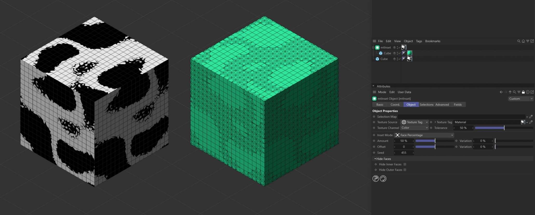 Texture Source set to Texture Tag, with the Noise shader material on the left driving the inset generation on the right-hand Cube.