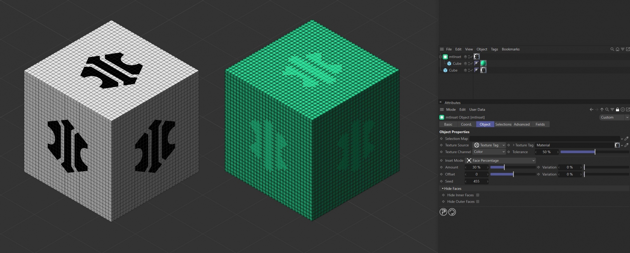 Texture Source set to Texture Tag, with the bitmap material on the left driving the inset generation on the right-hand Cube.