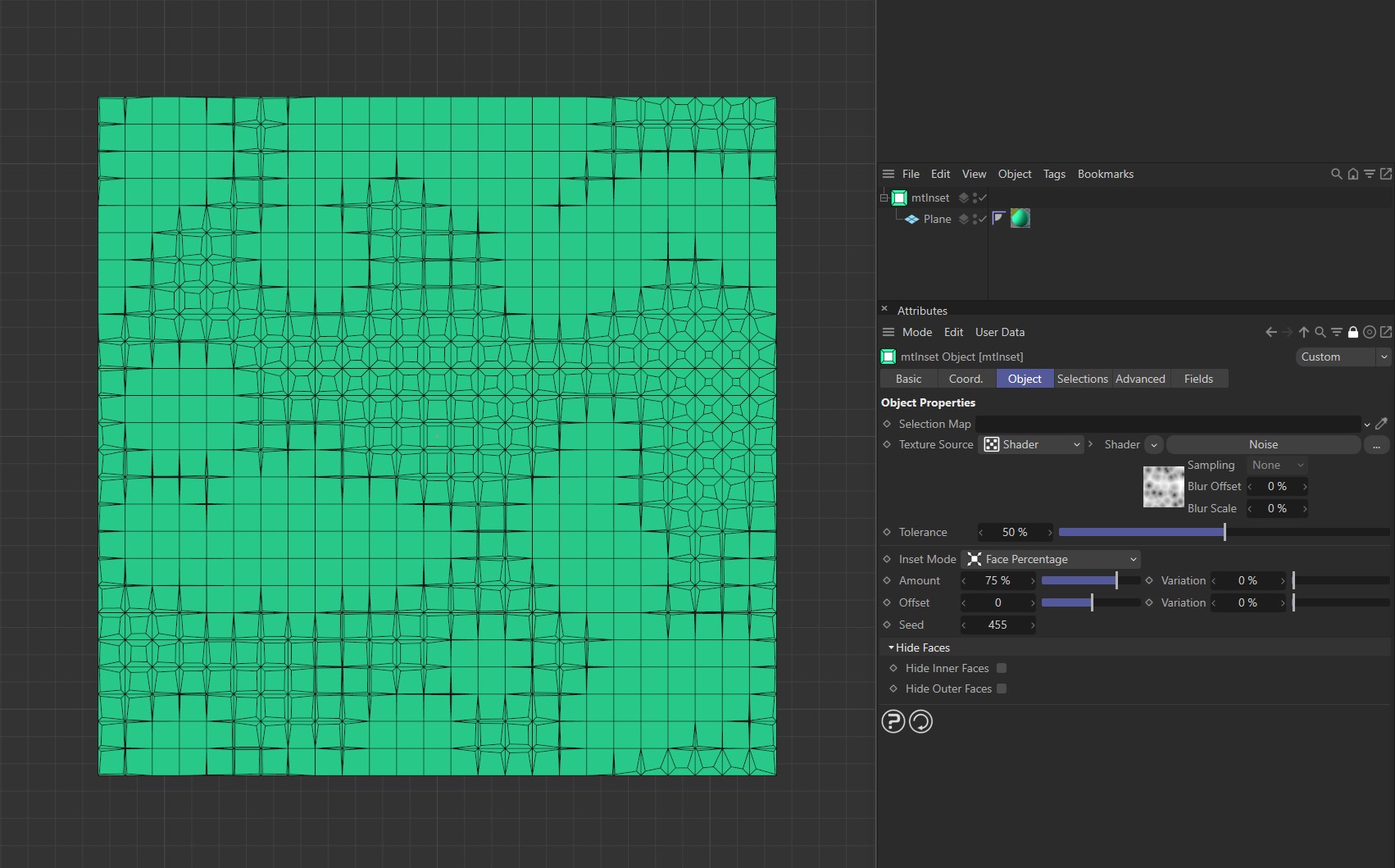 Texture Source set as Shader, with inset generation being driven by the Noise shader.