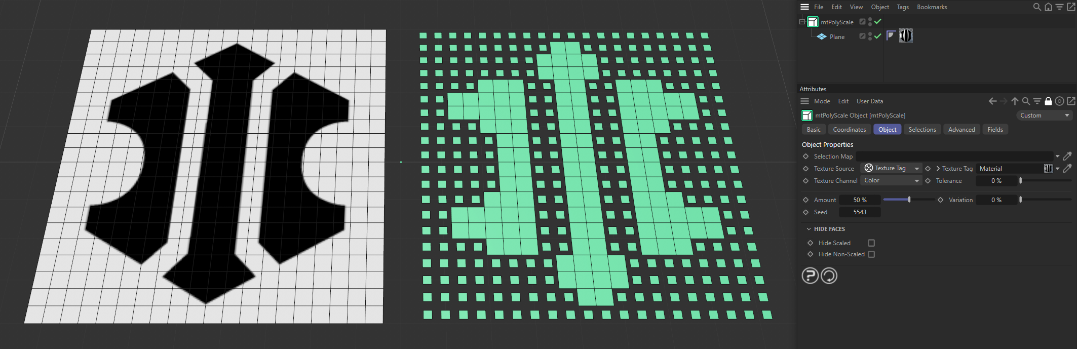 Texture Source set to Texture Tag, with the bitmap material on the left driving where the scaling is happening on the right-hand Plane.
