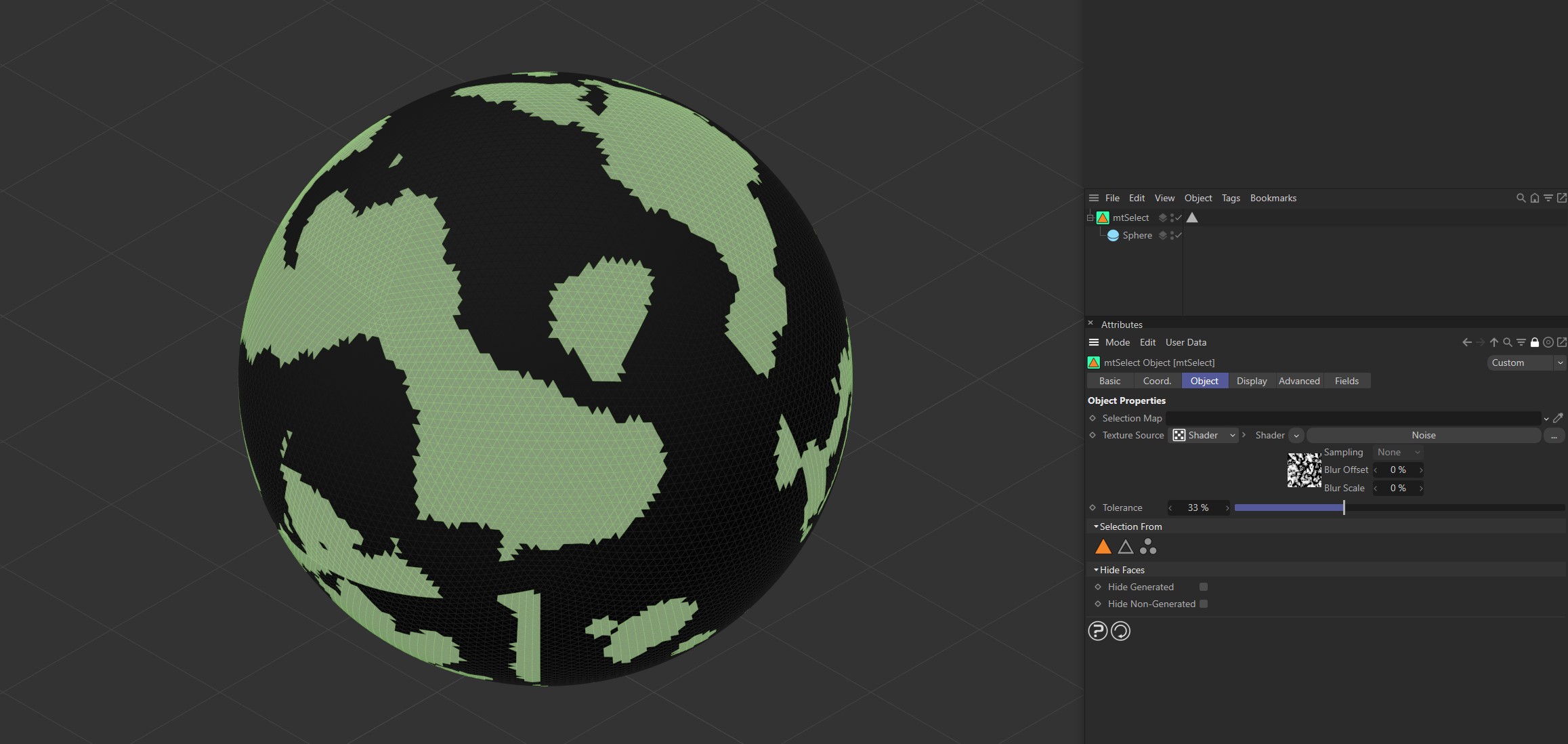 mtSelect using a Noise shader selection on a Sphere.