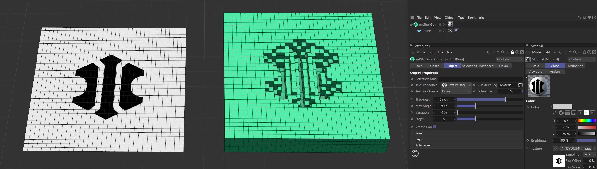Texture Source set to Texture Tag, with the bitmap material on the left driving the extrusion on the right-hand Plane.
