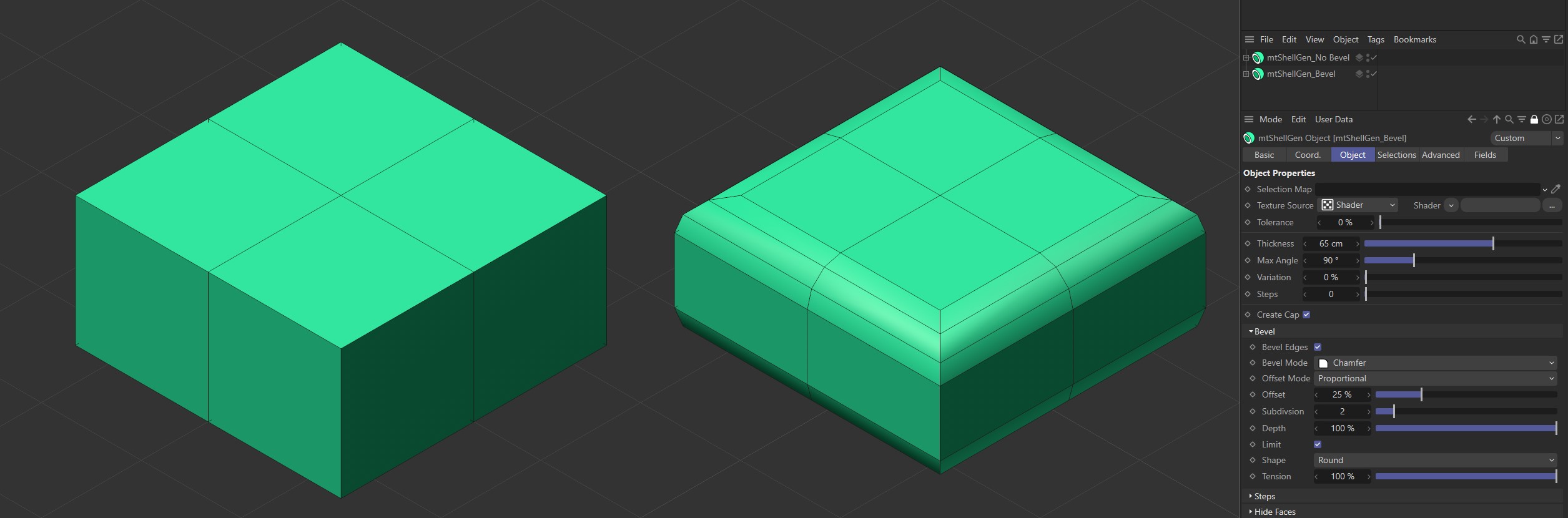 The Bevel Edges option in the left mtShellGen is disabled. It is enabled on the right, resulting in beveled edges.