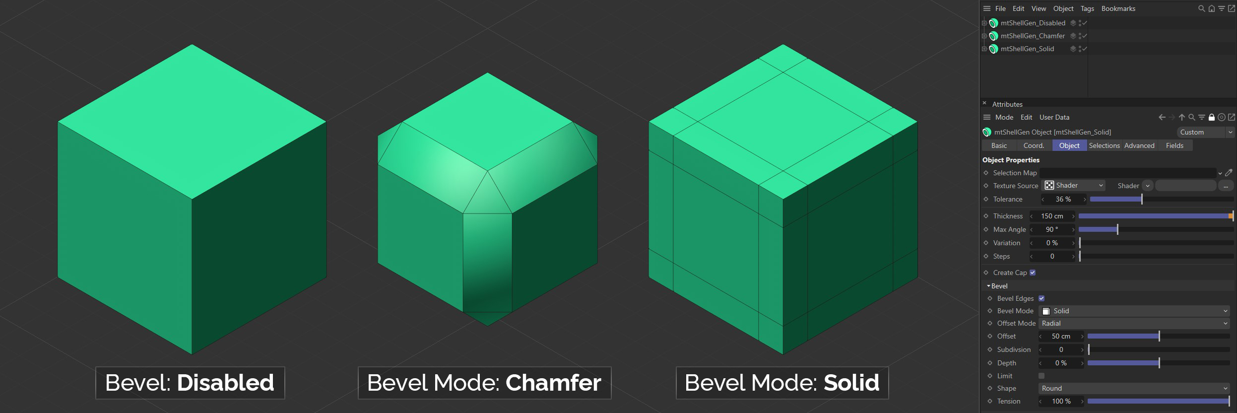 There are two Bevel Mode settings to choose from: Chamfer and Solid.