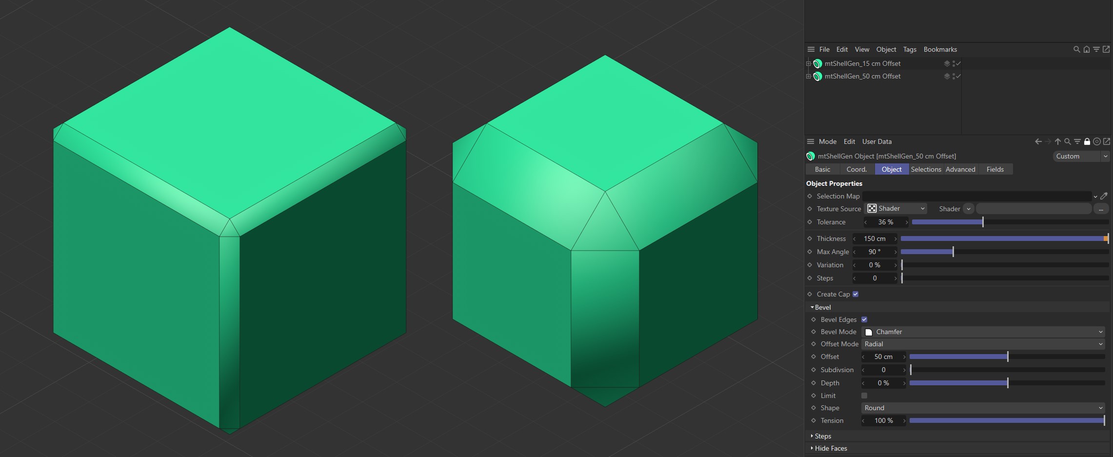 The left-hand Cube has an offset of 15 cm. The offset is 50 cm for the Cube on the right.