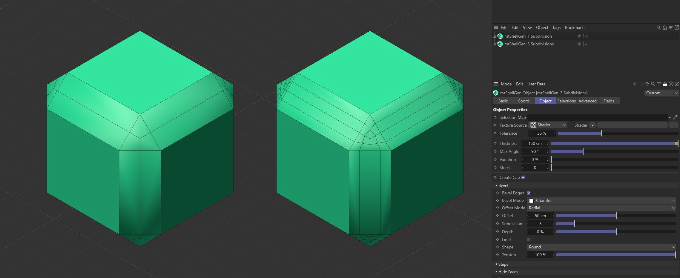 The first Cube has Subdivision set to one and the second Cube is set to three.