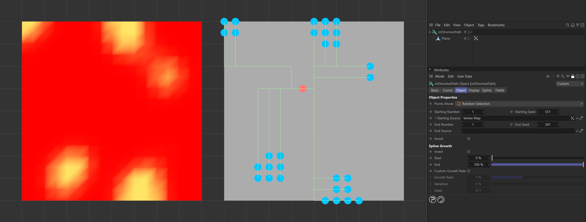 The Plane on the left has a vertex map, which is displayed in the viewport. An identical Plane is on the right, as a child of a mtShortestPath. The vertex weights are driving the start point positions.