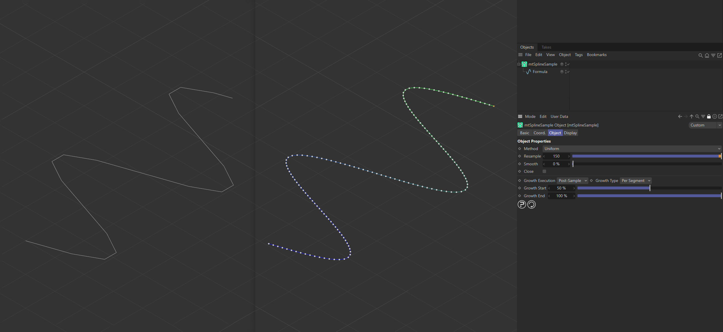 The original spline on the left has very few, unevenly distributed points. An identical spline has been placed as a child of a mtSplineSample on the right. This has been resampled using 150 points. The result is a smooth, higher-quality spline.