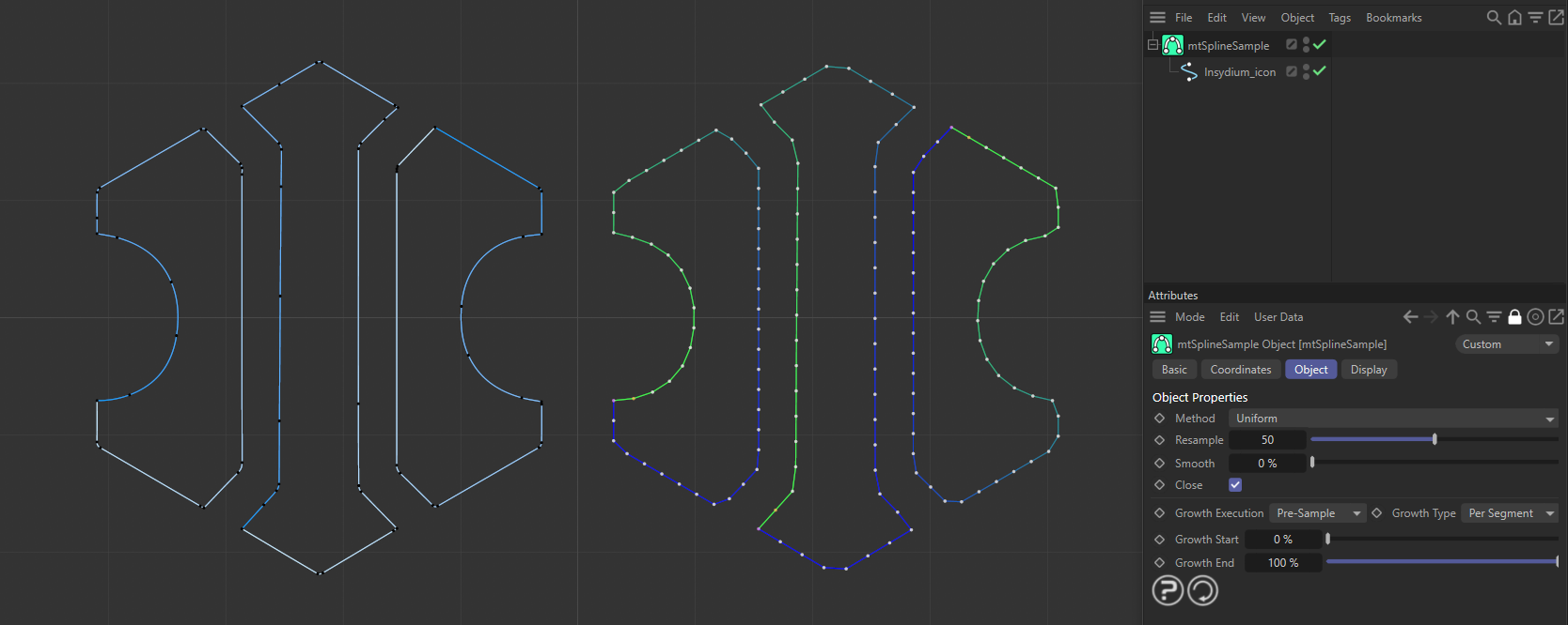 An INSYDIUM logo spline is on the left. On the right, a duplicate spline has been made a child of a mtSplineSample, using the Uniform Method.